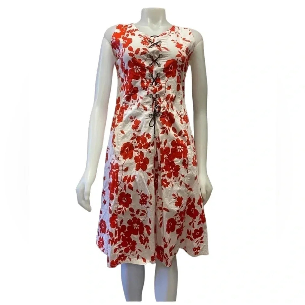 Lonky Red & White Floral sleeveless Midi Dress Size Large